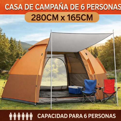 Casa de campaña automática para 6 personas, medida 280x165 cm, fácil instalación y colores surtidos. Ideal para camping familiar y exteriores. Venta por mayoreo modelo 006