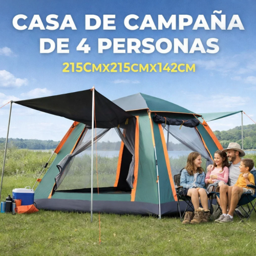 Casa de campaña automática para 4 personas, medida 215x215x142 cm, fácil instalación y colores surtidos. Ideal para camping y exteriores. Venta por mayoreo modelo 007