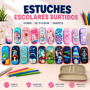 Estuches escolares surtidos con diseños infantiles y juveniles. Tamaño 10×5×23 cm, ideales para útiles. 018# Venta por mayoreo