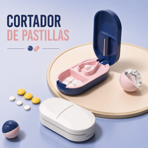 Cortador de pastillas portátil con compartimento integrado. Diseño práctico para organizar medicamentos. Venta por mayoreo