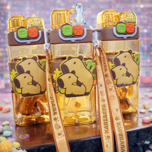 Botella de Agua Infantil Capibara con Popote y Correa por Mayoreo 0641