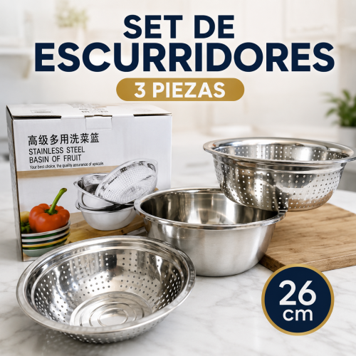 Set de escurridores de acero inoxidable de 3 piezas con medida de 26 cm, ideal para escurrir y lavar alimentos. Venta por mayoreo.
