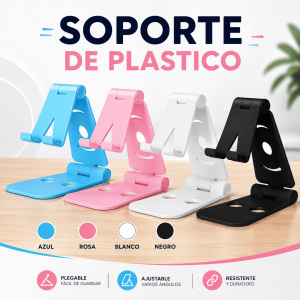 Soporte de plástico plegable y ajustable para celular, ideal para mantener el dispositivo en posición cómoda sobre escritorios y mesas. Venta por mayoreo