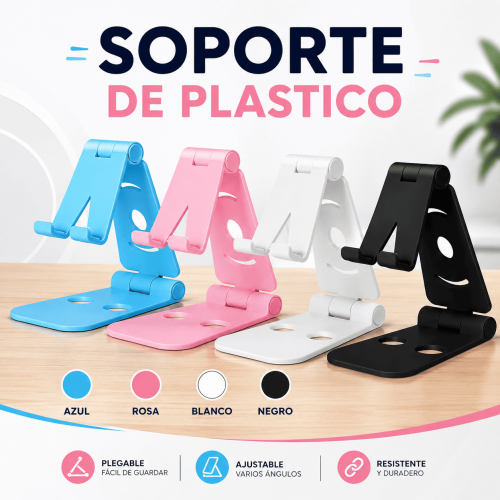 Soporte de plástico plegable y ajustable para celular, ideal para mantener el dispositivo en posición cómoda sobre escritorios y mesas. Venta por mayoreo