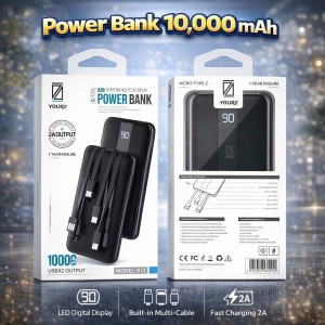 Power Bank 10,000 mAh con Pantalla LED y Cables Integrados por Mayoreo – Código 10257