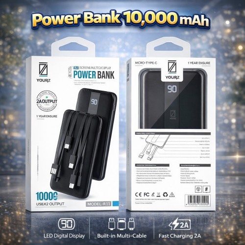 Power Bank 10,000 mAh con Pantalla LED y Cables Integrados por Mayoreo – Código 10257