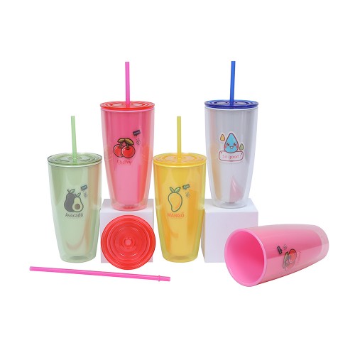 Vaso de plástico de doble capa con popote 800ml