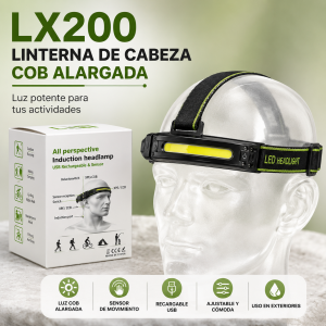 Linterna de cabeza LX200 con luz COB alargada, sensor y recarga USB indicados en el empaque, ideal para actividades en exteriores. Venta por mayoreo
