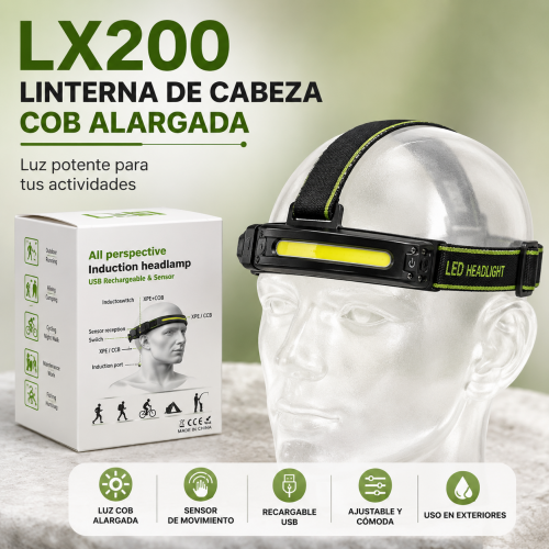 Linterna de cabeza LX200 con luz COB alargada, sensor y recarga USB indicados en el empaque, ideal para actividades en exteriores. Venta por mayoreo Linterna de cabeza LX200 con luz COB alargada, sensor y recarga USB indicados en el empaque, ideal para actividades en exteriores. Venta por mayoreo