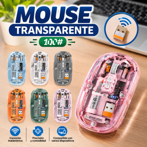 Mouse transparente en colores surtidos con diseño de componentes visibles, ideal para computadora y espacios de trabajo. Venta por mayoreo