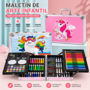 Set de arte de 145 piezas con maletín metálico. Incluye colores, plumones y acuarelas. Ideal para niños y escuela. Venta por mayoreo