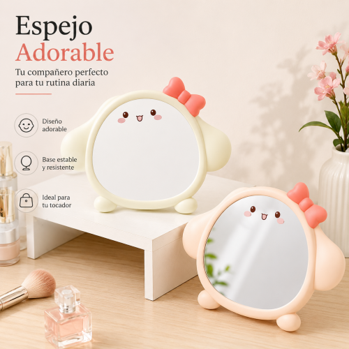 Espejo decorativo kawaii con carita ideal para tocador escritorio y regalo infantil, Por Mayoreo