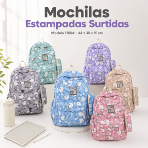 Mochila estampada surtida con diseño juvenil e infantil, con bolsillo frontal y laterales. Medidas 44×30×15 cm, modelo 1108#. Venta por mayoreo