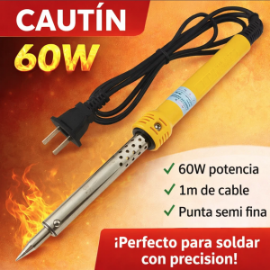 Cautín eléctrico de 60W modelo 11324 con punta semi fina y cable de 1 metro. Ideal para soldadura electrónica, reparaciones y trabajos de precisión. Venta por mayoreo