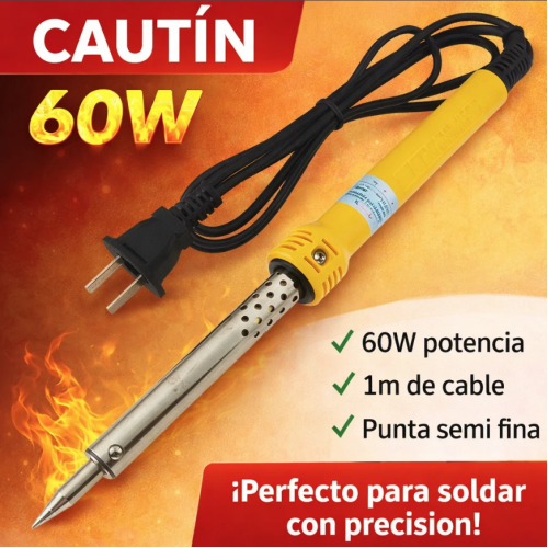 Cautín eléctrico de 60W modelo 11324 con punta semi fina y cable de 1 metro. Ideal para soldadura electrónica, reparaciones y trabajos de precisión. Venta por mayoreo