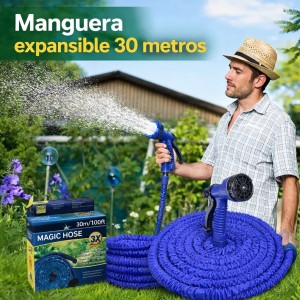 Manguera expandible 30metros ideal para riego y limpieza en el hogar o jardín. Incluye pistola aspersora y coples. Diseño práctico. Venta por mayoreo 11455