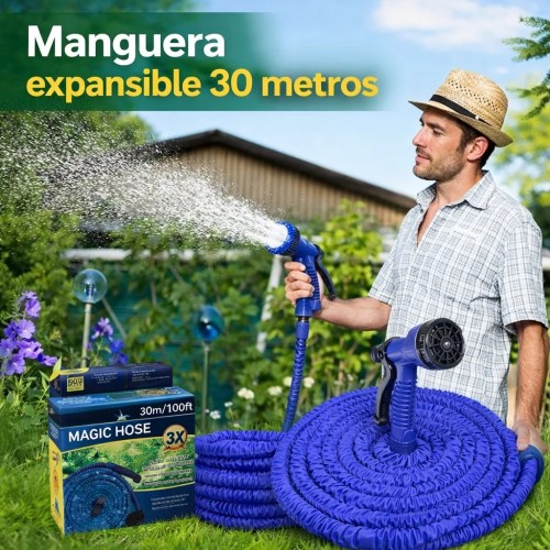 Manguera expandible 30metros ideal para riego y limpieza en el hogar o jardín. Incluye pistola aspersora y coples. Diseño práctico. Venta por mayoreo 11455