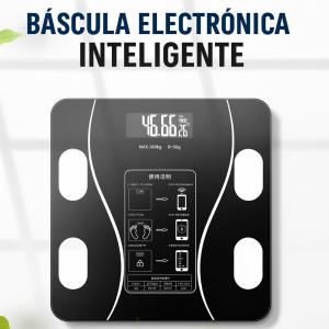 Báscula digital inteligente con conexión Bluetooth y aplicación móvil. Mide peso corporal, IMC y otros indicadores de salud. Por Mayoreo