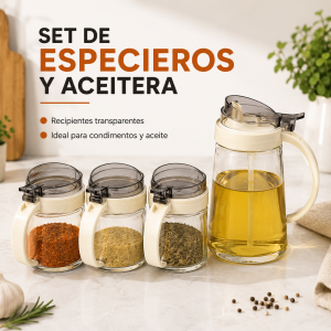 Set de especieros y aceitera con agarradera por mayoreo