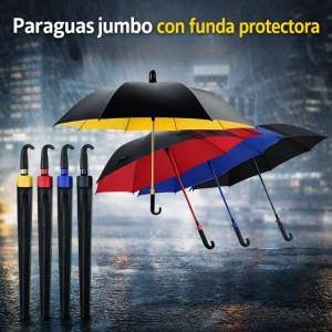 Paraguas jumbo con tela tipo goma, varillas flexibles y funda plástica protectora listo para guardar luego de su uso. Resistente y práctico para lluvia intensa. Venta por mayoreo modelo 1167