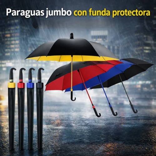 Paraguas jumbo con tela tipo goma, varillas flexibles y funda plástica protectora listo para guardar luego de su uso. Resistente y práctico para lluvia intensa. Venta por mayoreo modelo 1167