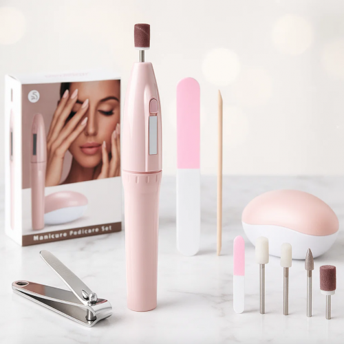 Set profesional de manicura y pedicura con lima eléctrica de 16 cm, puntas intercambiables, cortaúñas, lima, palito removedor. Ideal para uso en casa o salón. Portátil, práctico y fácil de usar. Venta por mayoreo 11730