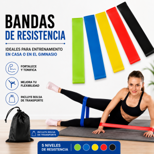 Set de bandas elásticas 5 colores con bolsa, ideal para ejercicios y entrenamiento físico. Venta por mayoreo
