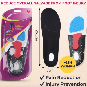 Plantillas de gel y espuma con soporte ergonómico. Ideales para calzado deportivo o uso diario. Tamaño 26.5 cm modelo mujer, confort y amortiguación.