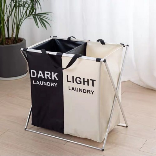 Cesto doble para ropa sucia con diseño DARK / LIGHT, ideal para separar prendas claras y oscuras. Bolsas de tela desmontable para lavandería, plegable, ligero y fácil de guardar. 60×58×41 cm. Venta por mayoreo