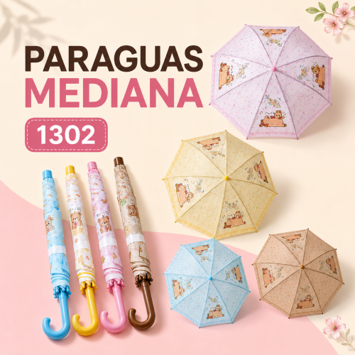 Paraguas mediano con diseños estampados. Ideal para uso diario. Venta por mayoreo