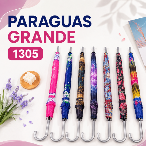 Paraguas grande con diseños estampados. Ideal para uso diario. Venta por mayoreo
