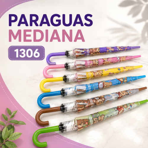 Paraguas mediano con diseños estampados y mangos de colores. Ideal para uso diario. Venta por mayoreo