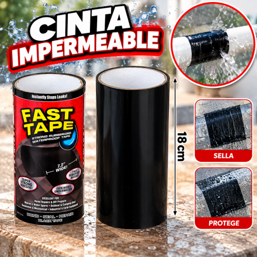 Cinta impermeable negra de 18 cm con acabado engomado, ideal para reparaciones y sellado de superficies. Venta por mayoreo