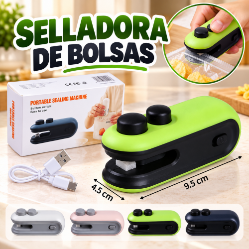 Selladora portátil de bolsas de 9.5 cm con diseño compacto, ideal para cerrar bolsas de alimentos y snacks. Venta por mayoreo