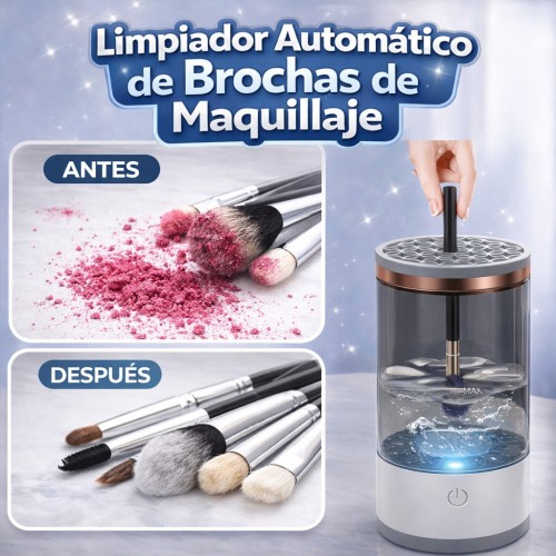 Limpiador automático de brochas de maquillaje con carga USB. Lava y desinfecta profundamente, tamaño 16 cm x 9.5 cm, incluye tapa con soporte y base giratoria. Ideal para mantener brochas limpias. Venta por mayoreo