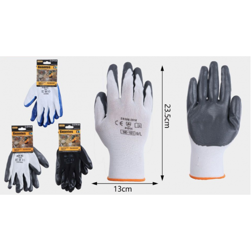 Guantes de trabajo con recubrimiento de nitrilo antideslizante, resistentes y cómodos para construcción, mecánica y uso industrial. Talla 9"  Venta por mayoreo modelo 13729