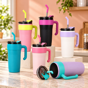 Vaso Térmico con Asa, Popote y Tapa en Colores Surtidos Por Mayoreo