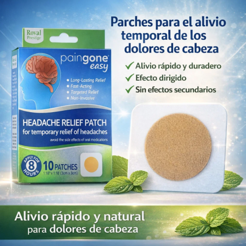 Parches Headache Relief Patch Paingone Easy, 10 parches de 3x3 cm para alivio temporal del dolor de cabeza, efecto hasta 8 horas. Venta por mayoreo 14197 Parches Headache Relief Patch Paingone Easy, 10 parches de 3x3 cm para alivio temporal del dolor de cabeza, efecto hasta 8 horas. Venta por mayoreo 14197