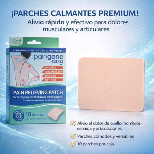 Parche Pain Relieving Patch Paingone Easy, 10 parches de 10x7 cm para alivio temporal de dolores musculares y articulares, efecto hasta 8 horas. Venta por mayoreo 14198 Parche Pain Relieving Patch Paingone Easy, 10 parches de 10x7 cm para alivio temporal de dolores musculares y articulares, efecto hasta 8 horas. Venta por mayoreo 14198
