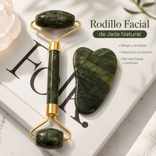 Rodillo facial de estilo jade con piedra gua sha ideal para masaje y cuidado personal. Venta por mayoreo