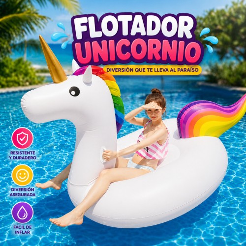 Flotador Inflable Gigante Unicornio con Cola Arcoíris –Perfecto para alberca, playa y balnearios