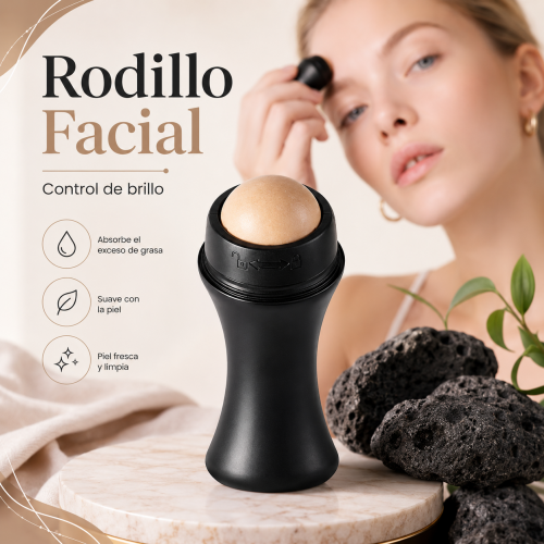 Mini rodillo facial con mango y esfera, ideal para ayudar a retirar el exceso de brillo en el rostro durante la rutina de belleza. Venta por mayoreo