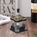 Set de especieros de vidrio con tapas blancas y detalles dorados, ideal para sal, pimienta y condimentos. Incluye base organizadora con agarradera central para fácil transporte Venta al por mayor  16071-7
