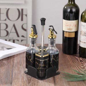 Set de cocina con 2 botellas dispensadoras de vidrio y 2 frascos para especias, diseño mármol negro con detalles dorados Venta al por mayor 16071-8