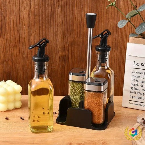 Set de cocina con 2 botellas dispensadoras de vidrio y 2 frascos para especias, diseño transparente. Venta al por mayor 16071-8