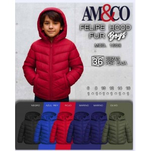 Chamarra acolchada para niño modelo 1608, ligera, calientita y con capucha. Ideal para temporada otoño-invierno. Calidad  Premium Venta al por mayor 1608 