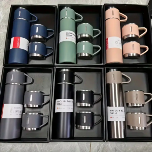 Set de Termo 500ml con 2 Tazas de Acero Inoxidable Colores Surtidos – Venta por Mayoreo 1614-DC
