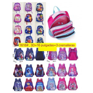 Mochila infantil 3D 16 pulgadas con 3 cierres, personajes surtidos, ideal escolar, venta por mayoreo 1618#