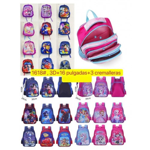 Mochila infantil 3D 16 pulgadas con 3 cierres, personajes surtidos, ideal escolar, venta por mayoreo 1618#