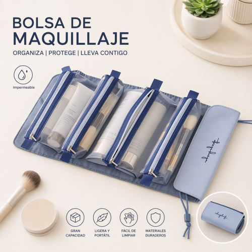 Bolsa de maquillaje colores variados ideal para organizar cosméticos. Diseño práctico y portátil para uso diario o viaje. Venta por mayoreo